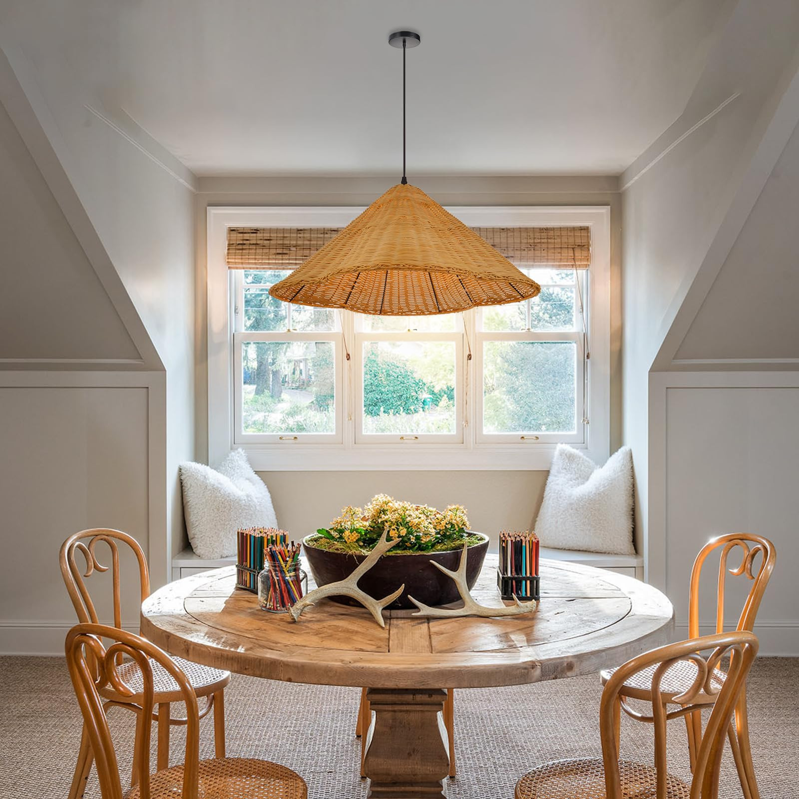 Arturesthome Modern Farmhouse Chandelier Woven Pendant Light Natural Rattan Hat Lamp Shape 1 Ligh... | Amazon (US)