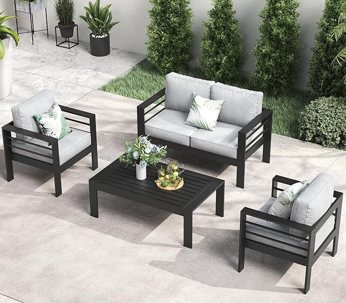 LayinSun Outdoor Aluminum Furniture Set, 4 Pieces Patio Sectional Conversation Chat Sofa Modern S... | Amazon (US)