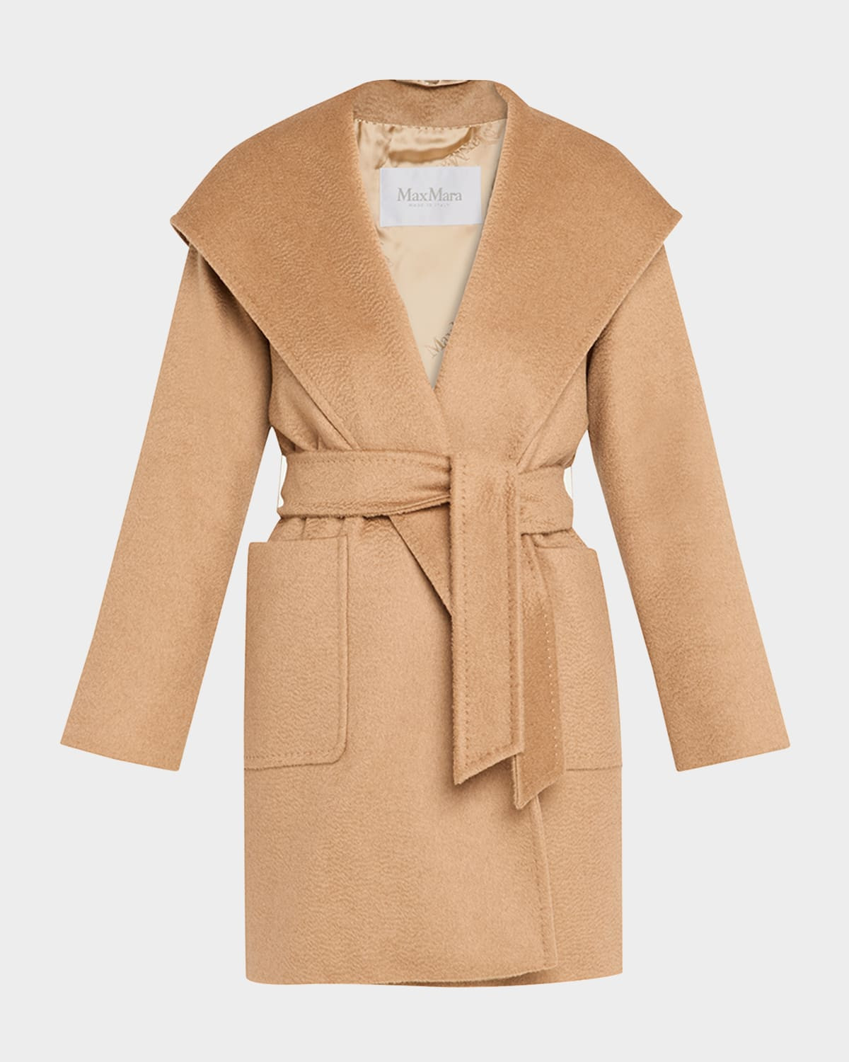 Rialto Camel Hair Belted Short Hooded Coat | Neiman Marcus