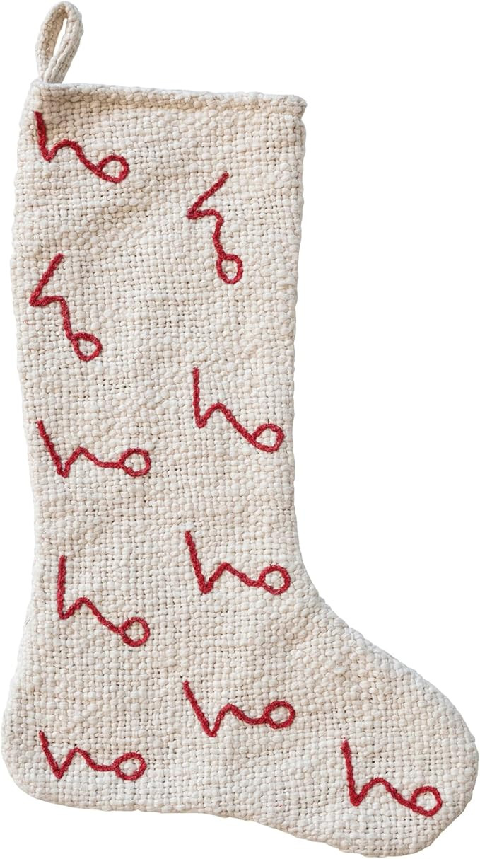 Creative Co-Op Woven Cotton Stocking with Embroidered Ho Ho Ho Pattern, Natural and Red | Amazon (US)