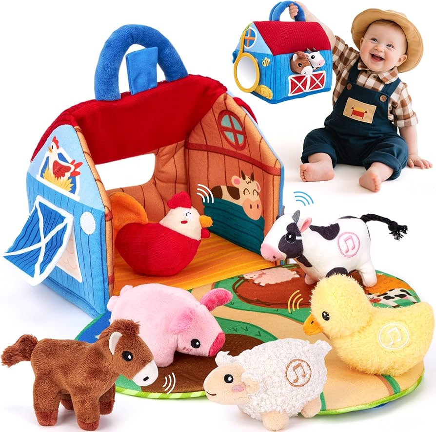 hahaland Baby Toys 6-12 Months - Surprise Barn with Stuffed Farm Animals with Real Sounds - Monte... | Amazon (US)