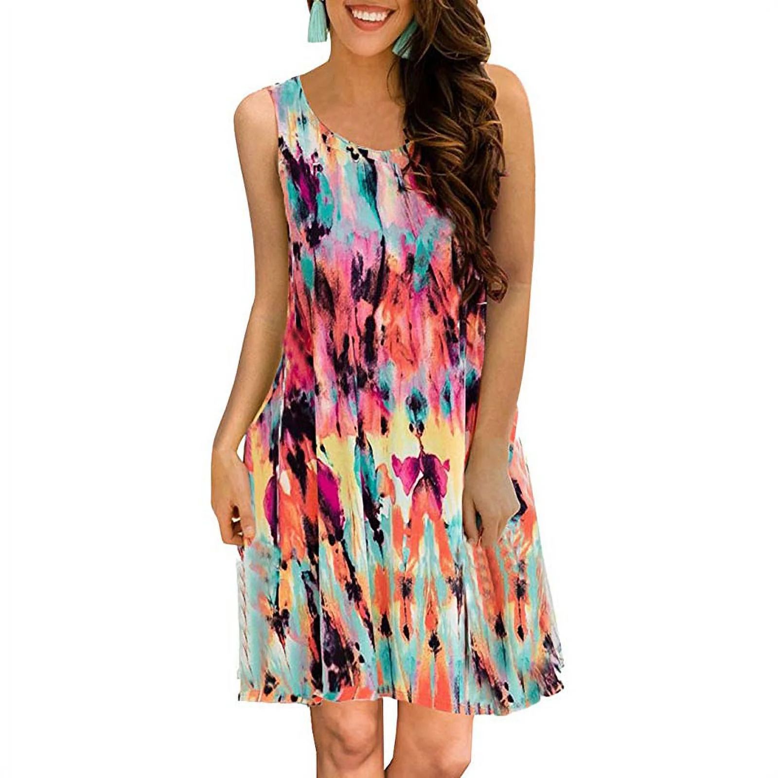 Women's Summer Casual Sleeveless Floral Printed Swing Dress Sundress with Pockets | Walmart (US)