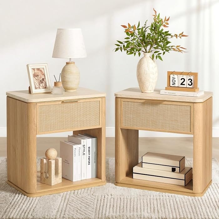 Night Stand Set of 2, 23.11" W Rattan Nightstand with 1 Drawer and Open Shelf, Faux Marble Top Be... | Amazon (US)