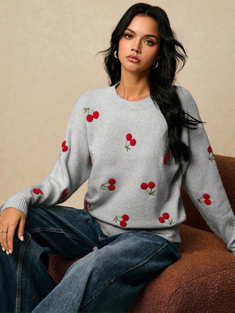 Poéselle Women's Casual Cherry Embroidery Round Neck Drop Shoulder Sweater, Autumn/Winter | SHEIN