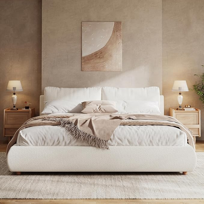 Boucle Fabric Platform Bed with 2 Removable Pillows and Headboard for Bedroom, King Size Upholste... | Amazon (US)