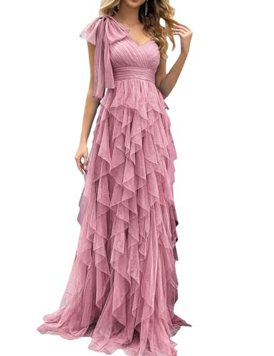 Summer Women Tulle Prom Dress Elegant Bow One Shoulder Slit Evening Party Gown Wedding Guest Brid... | Amazon (US)