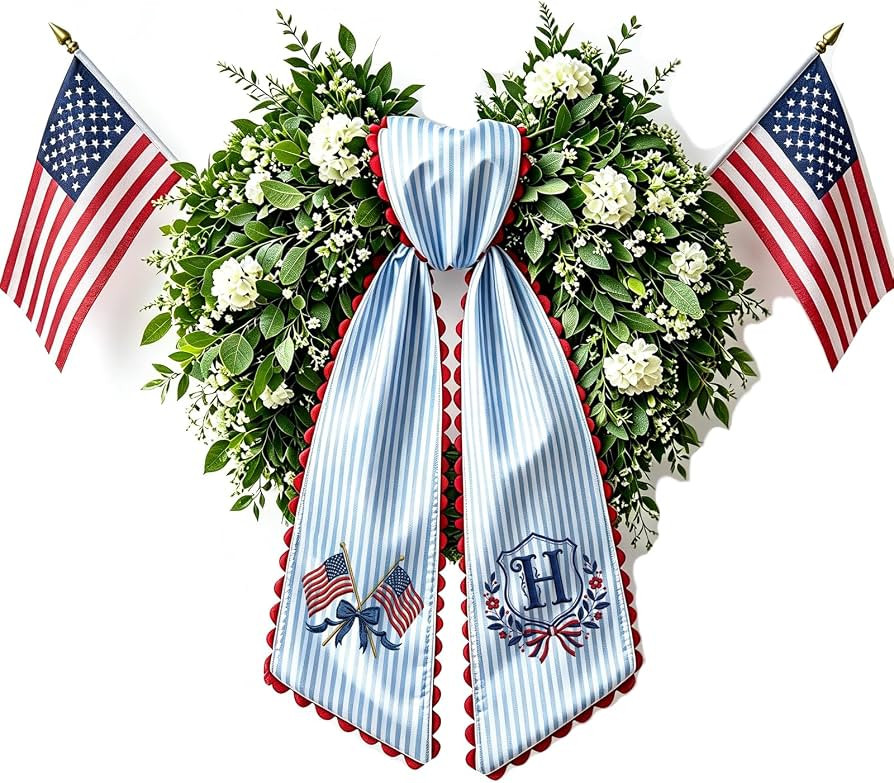 250th Anniversary Patriotic Wreath Sash with Embroidered American Flag & Custom Initials Blue Whi... | Amazon (US)