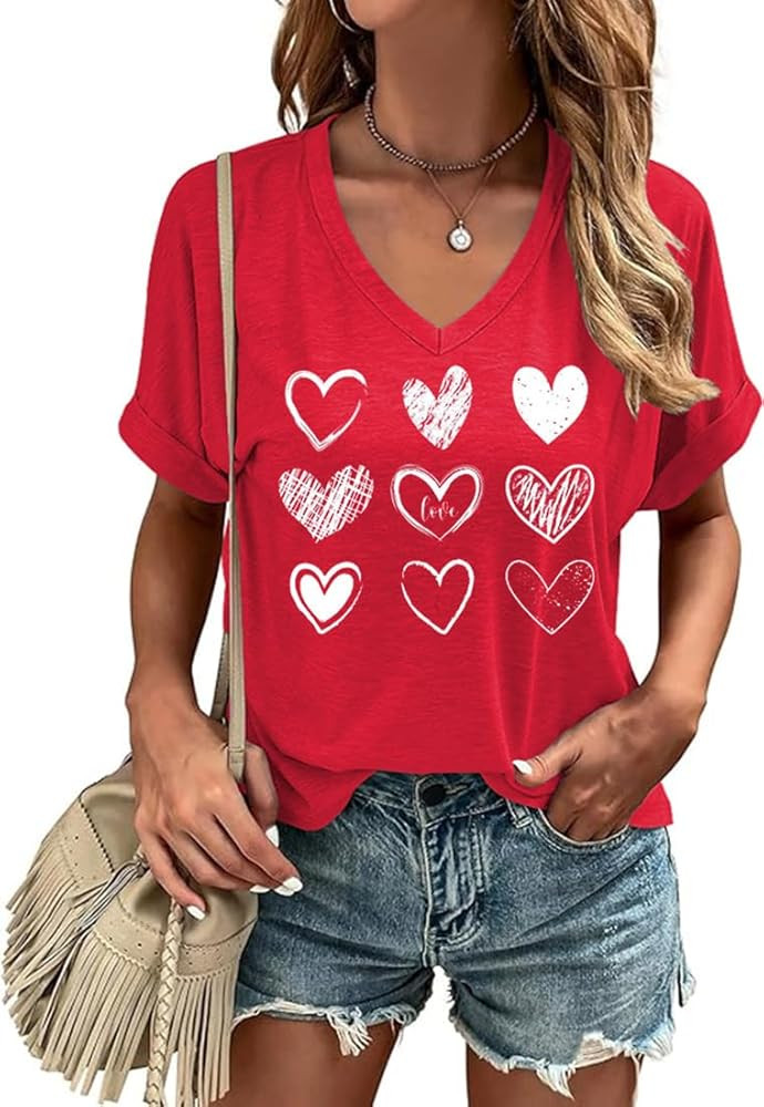 Valentines V Neck T-Shirt for Women Love Heart Short Sleeve Tee Casual Couple Tops Blouse | Amazon (US)