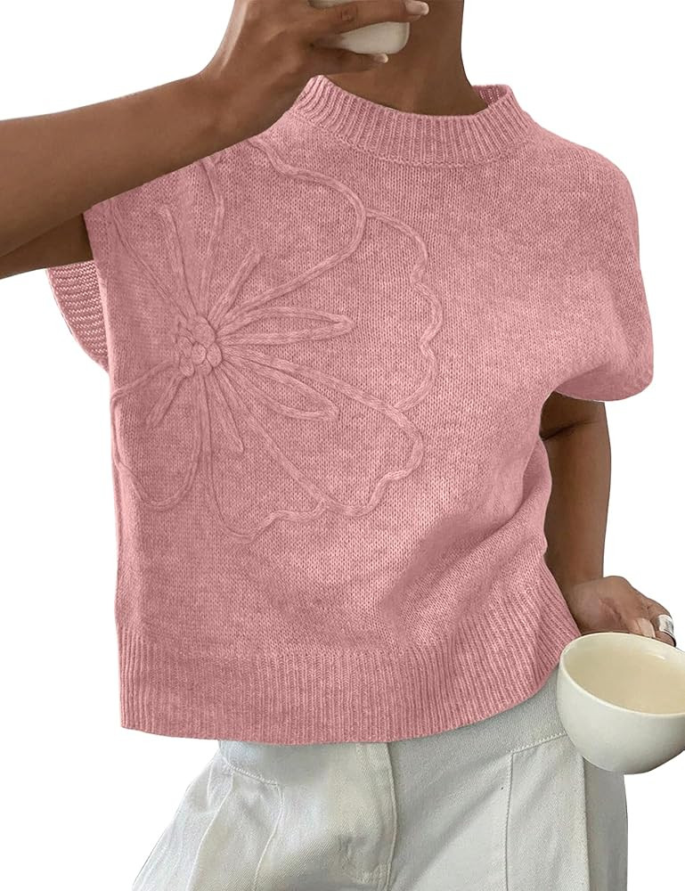 2026 Womens Floral Sweater Vest Cute Cap Sleeve Tops 3D Flower Decor Knit Tank Top Loose Spring F... | Amazon (US)