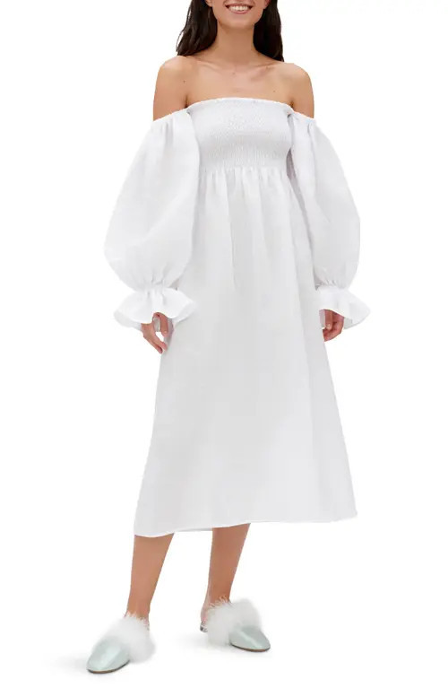 Sleeper Atlanta Balloon Sleeve Linen Nightgown in White at Nordstrom, Size X-Large | Nordstrom