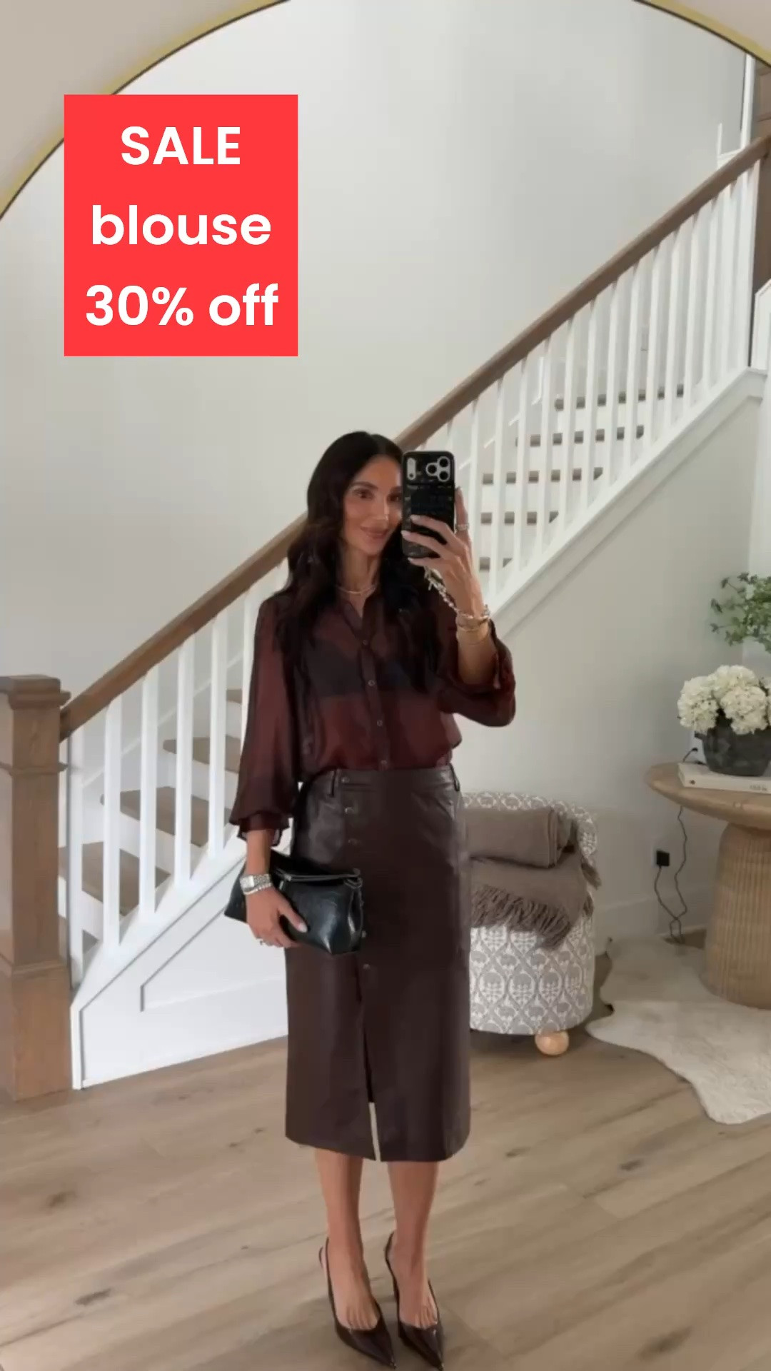 ANTHROPOLOGIE 30% off clothing and accessories. Sheer blouse on sale, orig.$118, sale $82. I'm wearing size XS in blouse and size 0 in skirt.