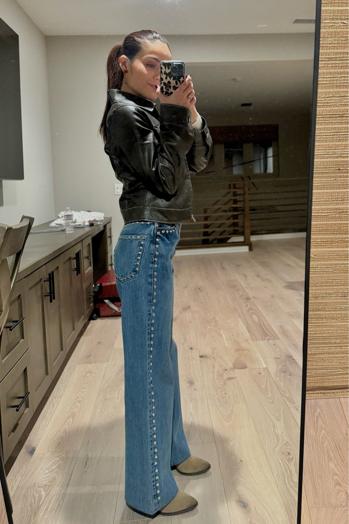 Dinner outfit 
Wide leg jeans 
Studded jeans 
Leather jacket 

#LTKStyleTip #LTKParties #LTKSeasonal