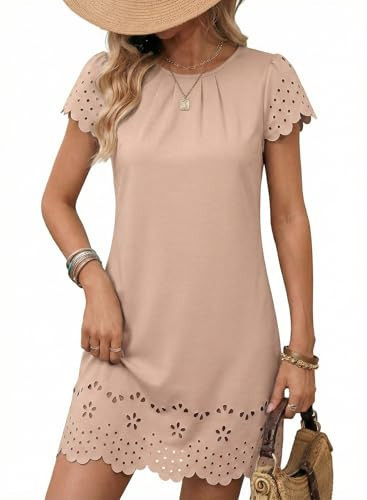 Dokotoo Spring Dresses for Women 2026 Hollow Out Short Puff Sleeve Round Neck Summer Casual Loose Soft Pleated Front Cute Boho Sundresses Beach Vacation Clothes Tshirts Tunic Sun Dress Khaki Medium | Amazon (US)