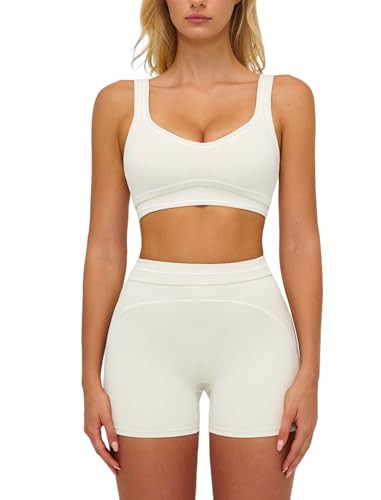 Two Piece Workout Sets for Women U Back Color Block Crop Tank Sports Bra Matching High Waist Booty Lifting Biker Shorts 2 Piece Gym Yoga Active Wear Outfits Womens Athletic Work Out Set Nude XS | Amazon (US)