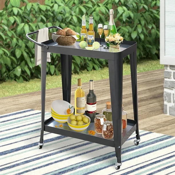 Abble Glossy Pearl Ash 2-Tier Metal Frame Bar Cart with Handle - Walmart.com | Walmart (US)