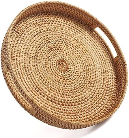 Coffee Table Tray Round Rattan Ottoman Tray Woven Serving Trays with Handles for Home and Kitchen... | Amazon (US)