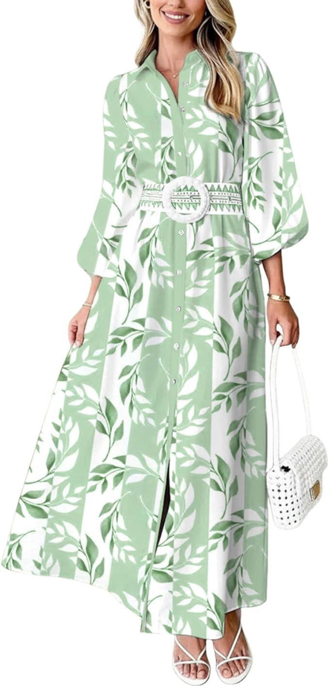 Floral Dress for Women 2026 Summer Boho Maxi Dresses Casual Long Sleeve Button Down Tie Waist Shi... | Amazon (US)