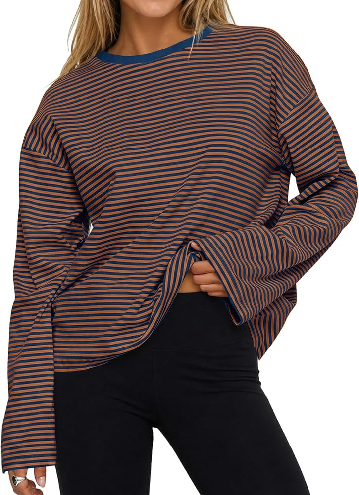 Flowyair Womens Oversized Striped Long Sleeve Shirts Crew Neck Cotton Tops | Amazon (US)