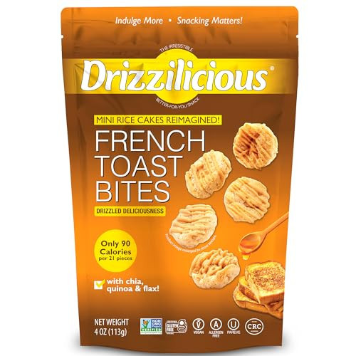 Drizzilicious Mini Flavored Rice Cakes French Toast - Rice Crisps, Healthy Snack for Adults and Kids, Vegan, Gluten Free Snack, Allergen Free, Only 90 Calories Per 21 Pieces - 4 oz (Pack of 1) | Amazon (US)