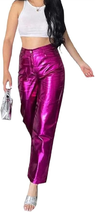 LIVECLOTH Women Faux Leather Leggings Pants High Waist Straight Wide Leg, Shiny Metallic Pants Wo... | Amazon (US)