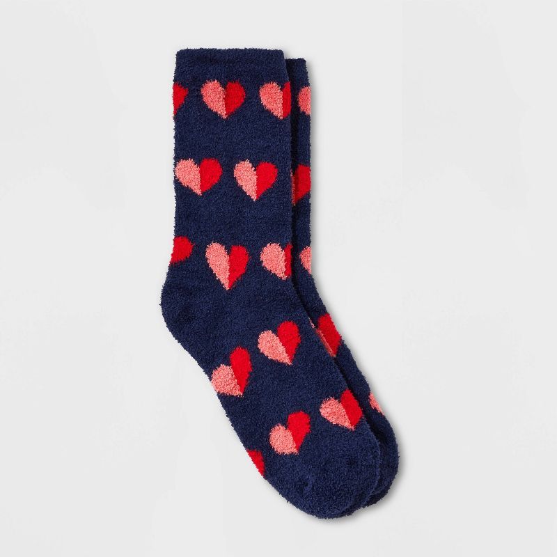 Women's Two-Tone Hearts Valentine's Day Cozy Crew Socks - Navy 4-10 | Target