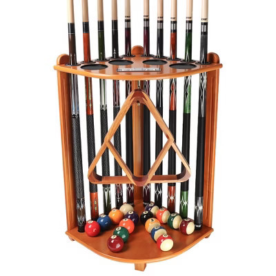 GSE Pool Cue Rack with Score Counters, Wooden Corner Floor Stand, Holds 10 Cues and Complete Pool Ball Set - Oak | Target
