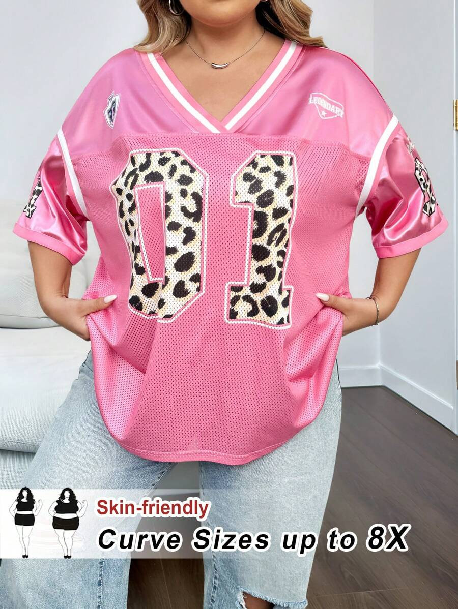 SHEIN CURVE+ Valentine Plus Size Women Casual Sports Leopard Print Soccer Jersey T-Shirt | SHEIN
