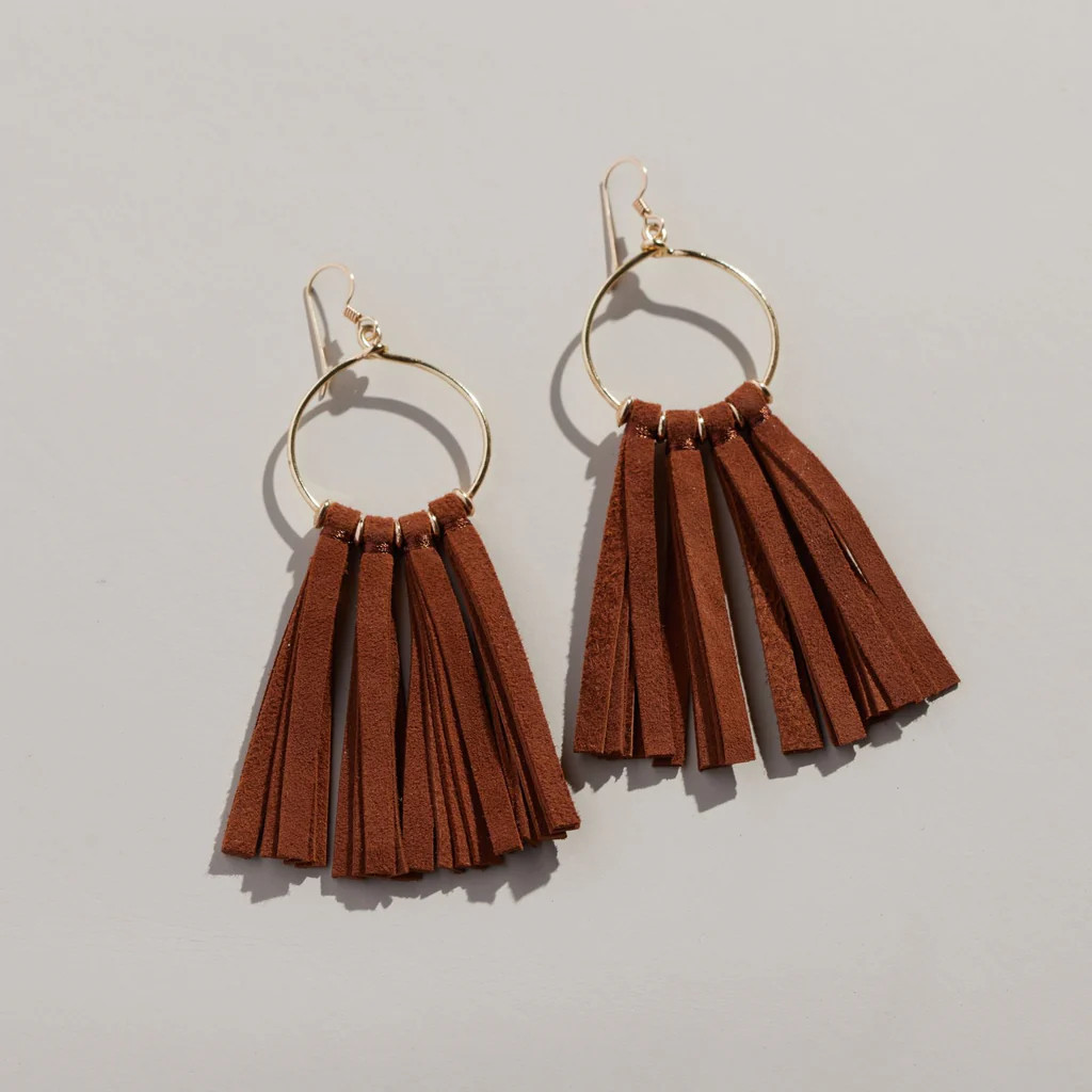 Tan Ravenna Tassel Hoop Earrings | Nickel and Suede