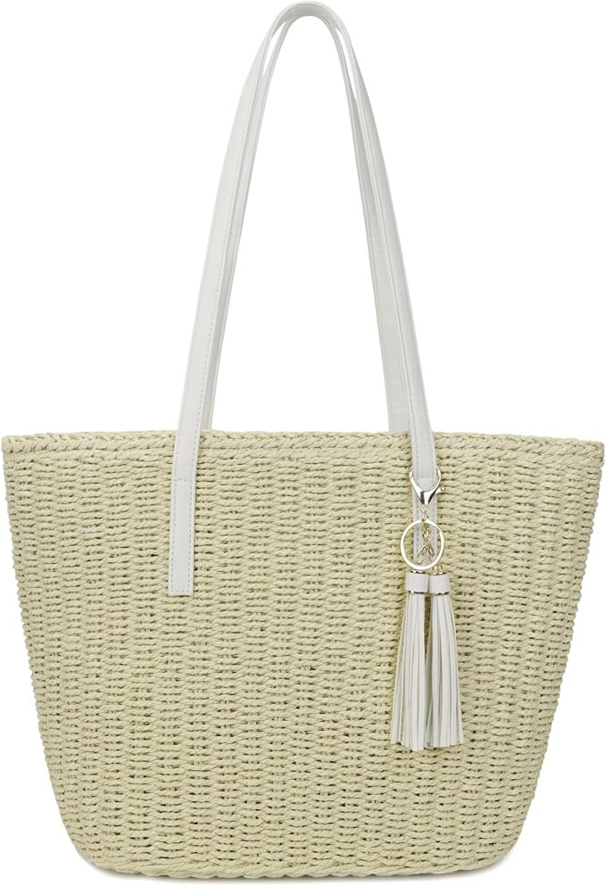 Womens Large Straw Tote Bag Handmade Woven Shoulder Handbag Summer Beach Purse with Tassel | Amazon (US)