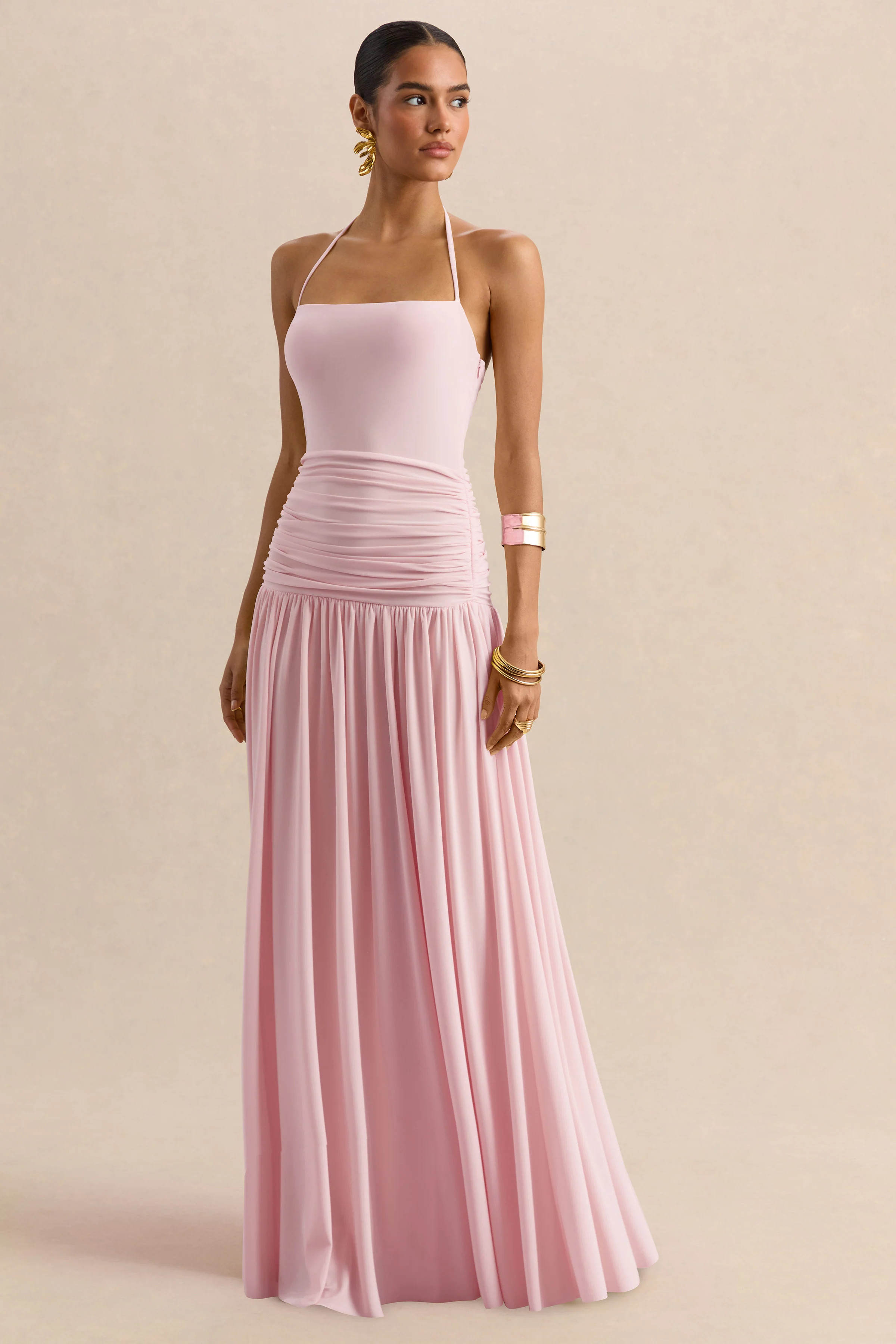 Nicolette | Pink Square-Neck Maxi Dress With Ruched-Detailing | Club L London
