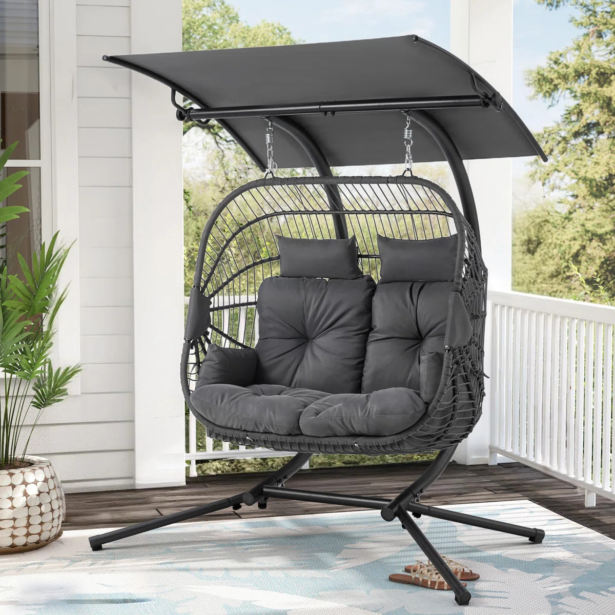 Valoris 2 Person Egg Chair with Canopy, Porch Swing with Stand and Cushion | Wayfair North America