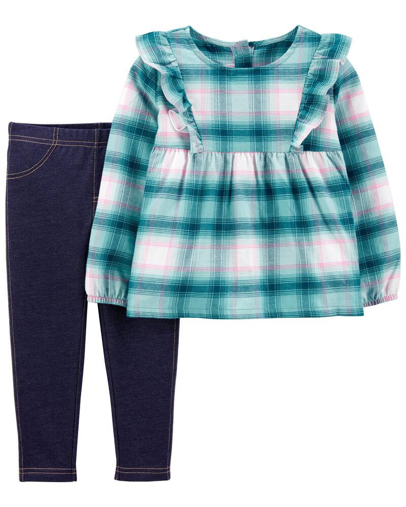 2-Piece Plaid Twill Top & Knit Denim Pant Set | Carter's