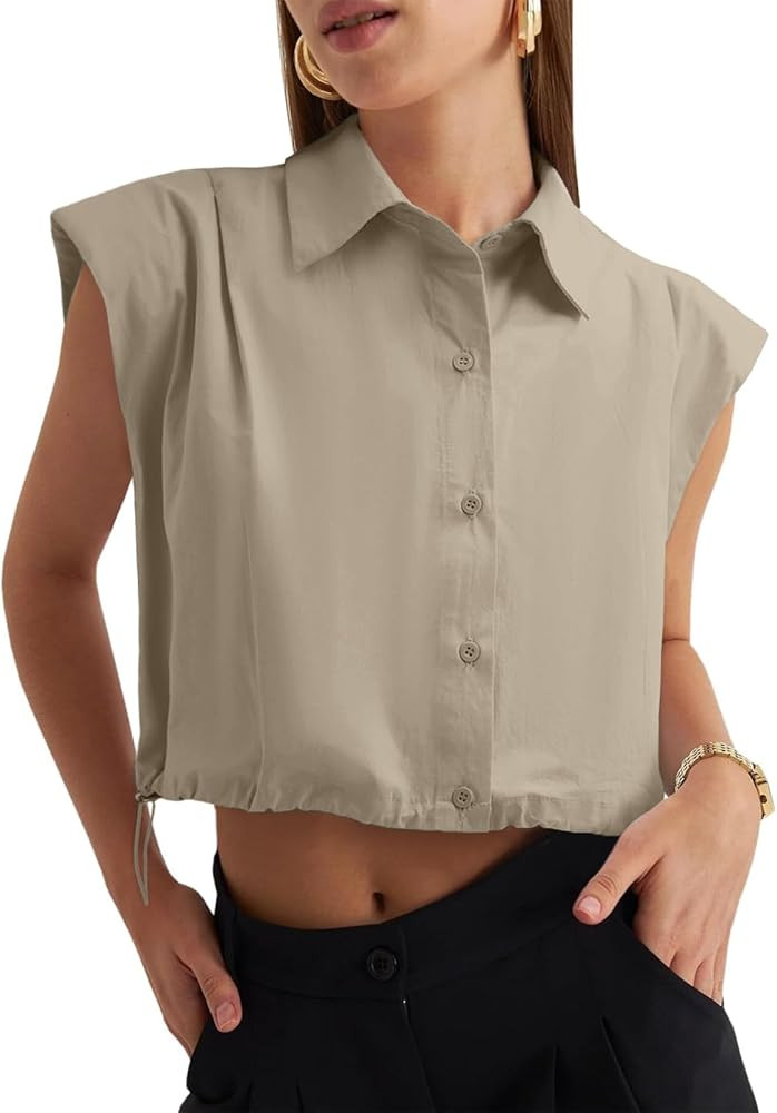 Tankaneo Womens Sleeveless Button Down Shirts Casual Loose V Neck Pad Shoulder Crop Tank Top | Amazon (US)