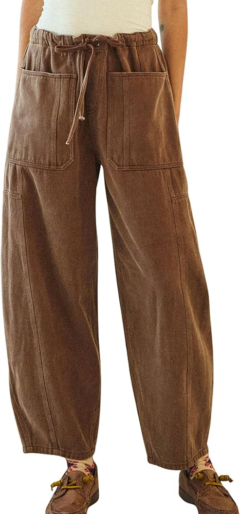 InterNos Women's Trendy Barrel Pants Wide Leg Mid Waisted Trousers Adjustable Drawstring Baggy Pa... | Amazon (US)