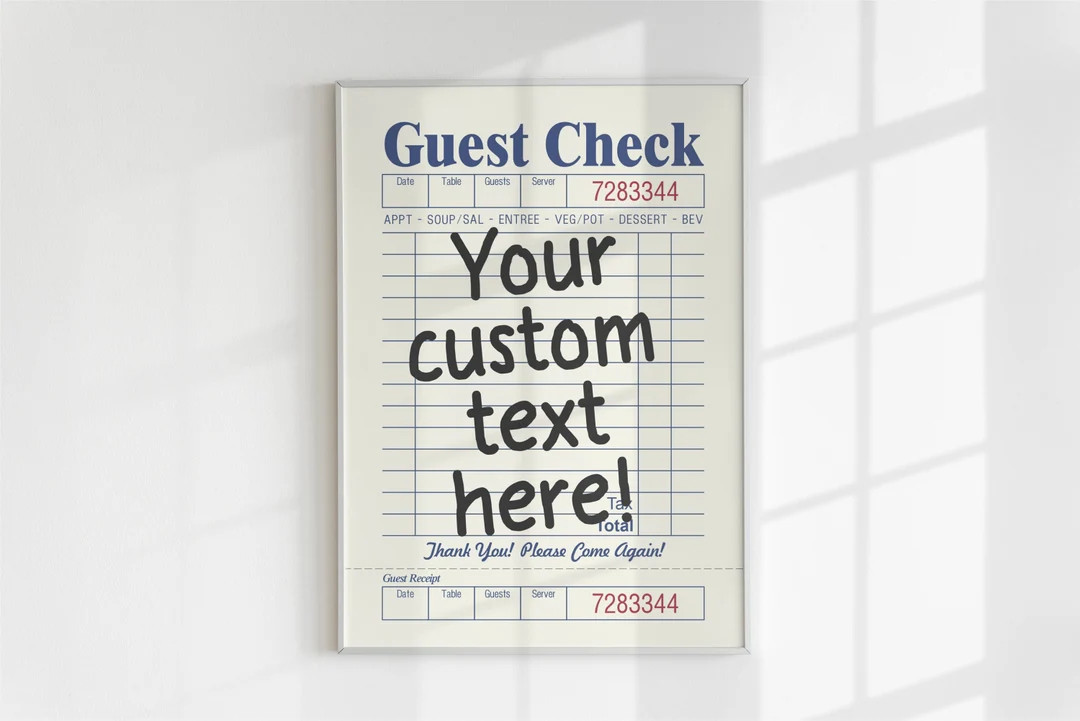 Custom Guest Check Print . Shipped Wall Art . Ultra High Resolution Guest Check Wall Art. Persona... | Etsy (US)