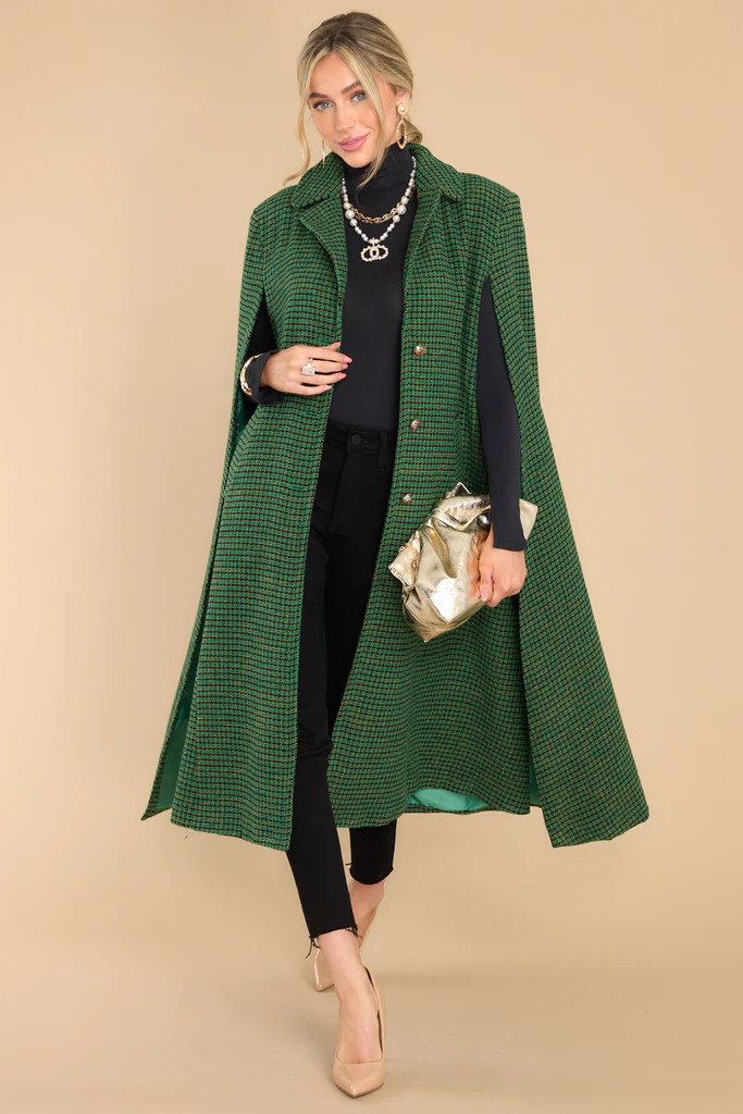 Confident In Herself Green Cape | Red Dress 