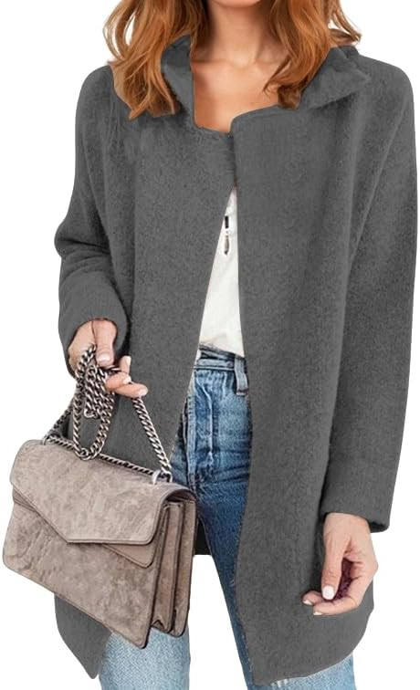 ECOWISH Women Open Front Cardigan: Fall Winter Long Sleeve Collared Midi Length Knit Sweater Casu... | Amazon (US)