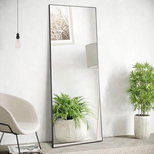 Sweetcrispy Full Length Mirror with Stand, 59"x17" Floor Mirror with Aluminum Alloy Frame for Bedroom, Standing Full Body with Shatter-proorf Nano Glass for Wall, Living Room, Cloakroom (Black) | Amazon (US)