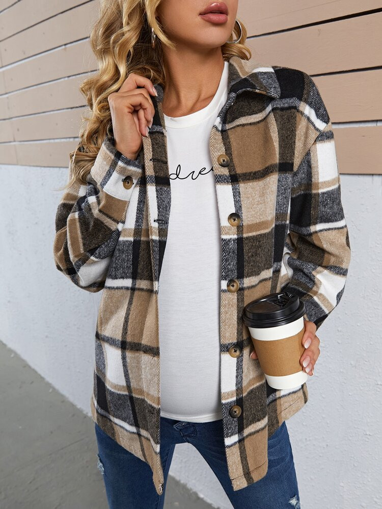 SHEIN Maternity Plaid Print Drop Shoulder Wool-Mix Coat | SHEIN