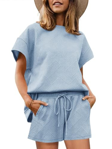 Imily Bela Womens Loungewear Set Short Sleeve Tops and Shorts 2 Piece Outfits Plus Size Oversized Pajama Set with Pockets Light Blue | Amazon (US)