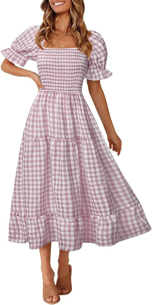 MEROKEETY Women's Plaid Square Neck Ruffle Puff Sleeve Midi Dress Summer Boho Backless Smocked Dr... | Amazon (US)