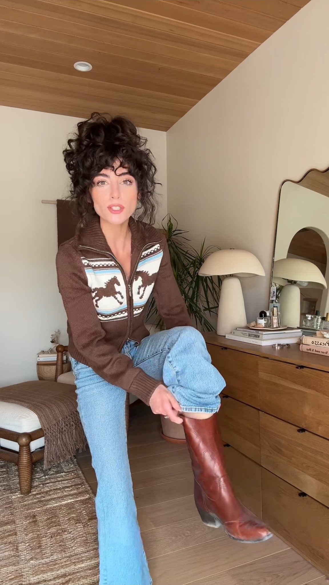 Cutest horse cardigan for fall. Love the light blue with the brown 🐴