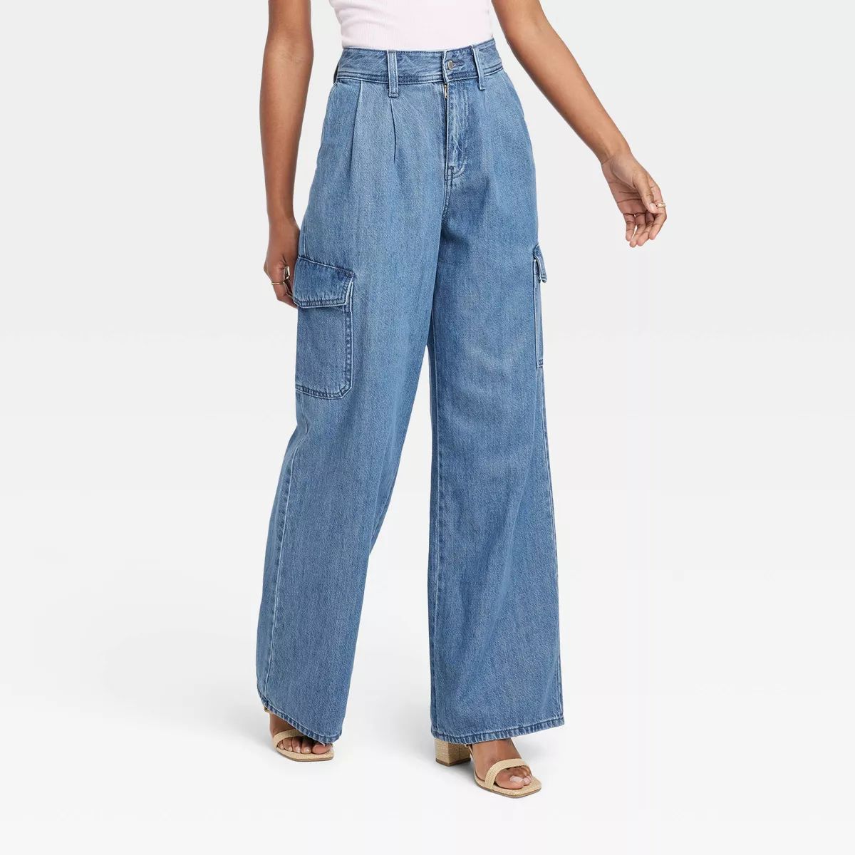 Women's Wide Leg Denim Cargo Trousers - Universal Thread™ Medium Wash 2 | Target