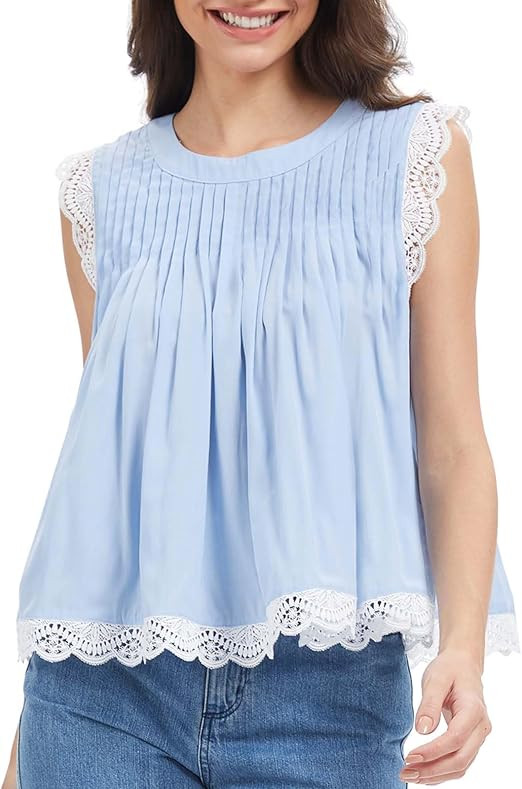 Women's Babydoll Tank Tops, Ruffled Pleated Lace Trim Sleeveless Blouse Summer Casual Shirred Pep... | Amazon (US)