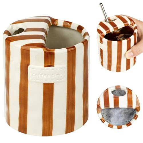 Novelty Ceramic Coffee Mug Designed to Look Like a Gift Box, 10oz Retro Hand-Painted Ceramic Travel Mug, Brown & White Striped, Microwave & Dishwasher Safe, Perfect Present for Coffee Lovers (Brown) | Amazon (US)
