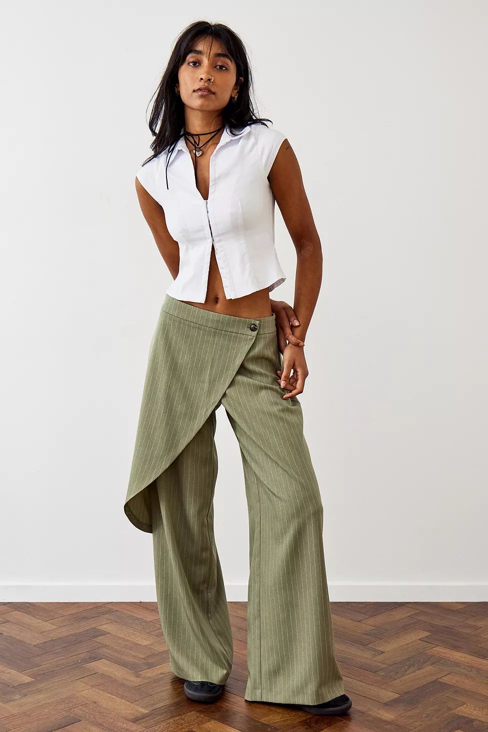 Archive At UO Olive Pinstripe Kali Wrap Trousers | Urban Outfitters (EU)