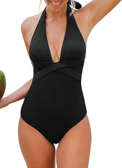 CUPSHE One Piece Swimsuit for Women Ribbed Bathing Suit Deep V Neck Halter Self Tie Wrap Front So... | Amazon (US)