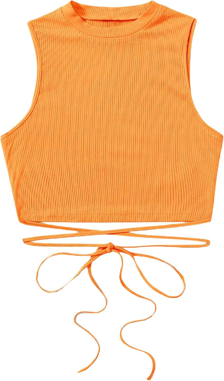 SheIn Women's Crisscross Tie Back Crop Top Sleeveless Round Neck Tank Tops | Amazon (US)