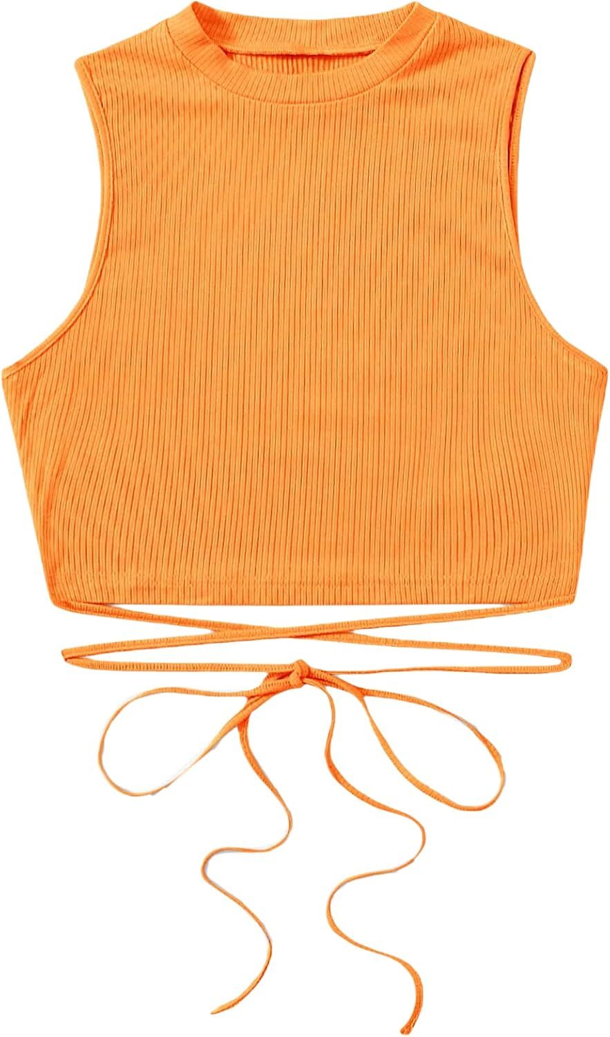 SheIn Women's Crisscross Tie Back Crop Top Sleeveless Round Neck Tank Tops | Amazon (US)