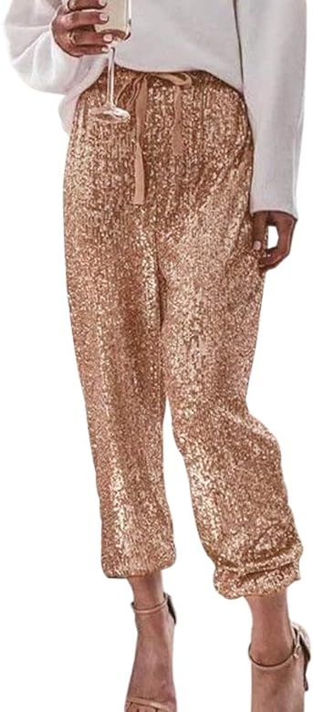 SCORP Women's Casual Glitter Bling Sequins Ruffle High Waisted Drawstring Long Pants Clubwear | Amazon (US)